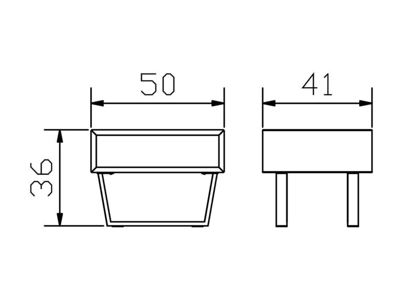 Technische Zeichnung eines rechteckigen Objekts mit den Abmessungen: Breite 50 mm, Höhe 36 mm und Seitenlänge 41 mm. Es sind zwei Ansichten dargestellt: Vorder- und Seitenansicht, wobei die Beine in der Seitenansicht sichtbar sind.