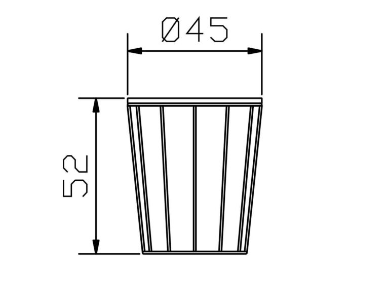 Strichzeichnung eines sich verjüngenden zylindrischen Bechers mit folgenden Maßen: Der obere Durchmesser beträgt 45 Einheiten und die Höhe 52 Einheiten. Vertikale Linien zeigen die Seiten und die Form des Bechers an.