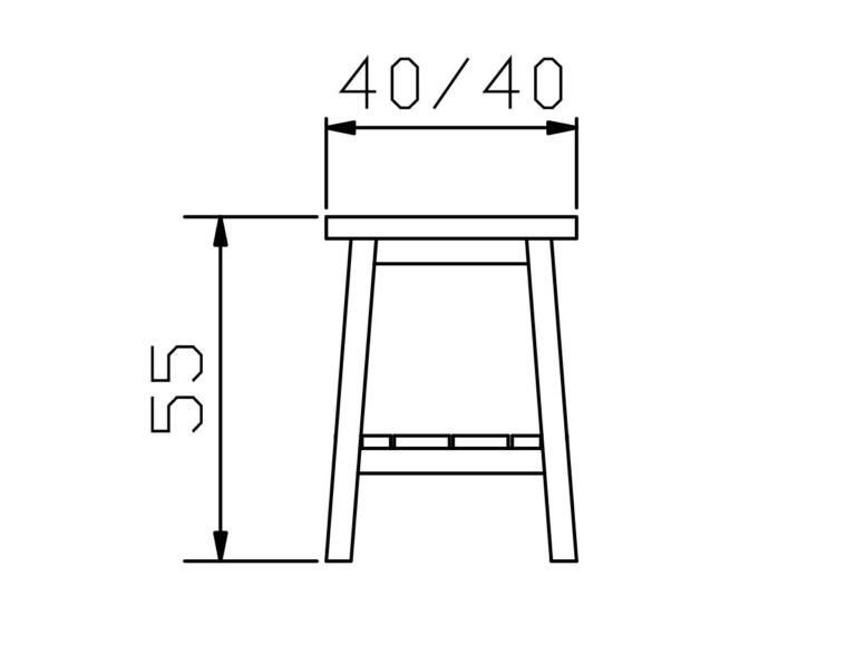 Strichzeichnung eines einfachen Hockers mit einer quadratischen Sitzfläche von 40 mal 40 Einheiten und einer Gesamthöhe von 55 Einheiten. Der Hocker hat vier Beine und eine Fußstütze. Die Abmessungen sind durch Pfeile gekennzeichnet.