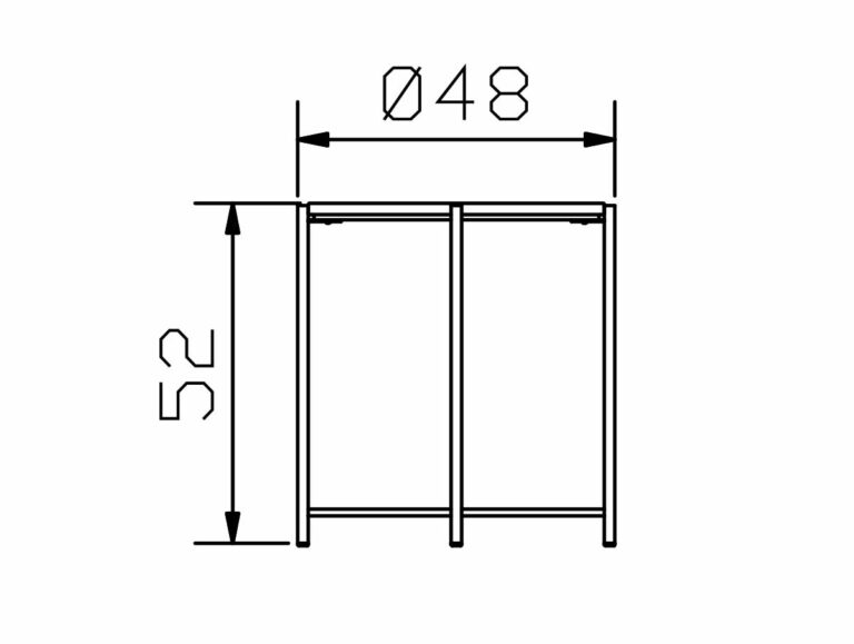 Technische Zeichnung, die eine Vorderansicht eines rechteckigen Rahmens mit zwei vertikalen Stützen zeigt. Die Breite ist mit 48 Einheiten und die Höhe mit 52 Einheiten angegeben.