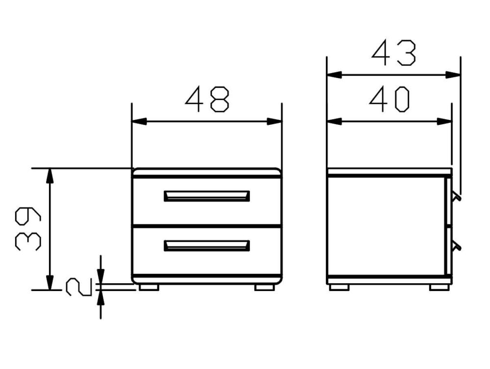 Technische Zeichnung eines kleinen Schranks mit zwei Schubladen, mit Vorder- und Seitenansicht. Die Maße sind beschriftet: 48 cm Breite, 39 cm Höhe, 43 cm Tiefe und 2 cm Sockelhöhe. Die Griffe der Schubladen sind sichtbar.