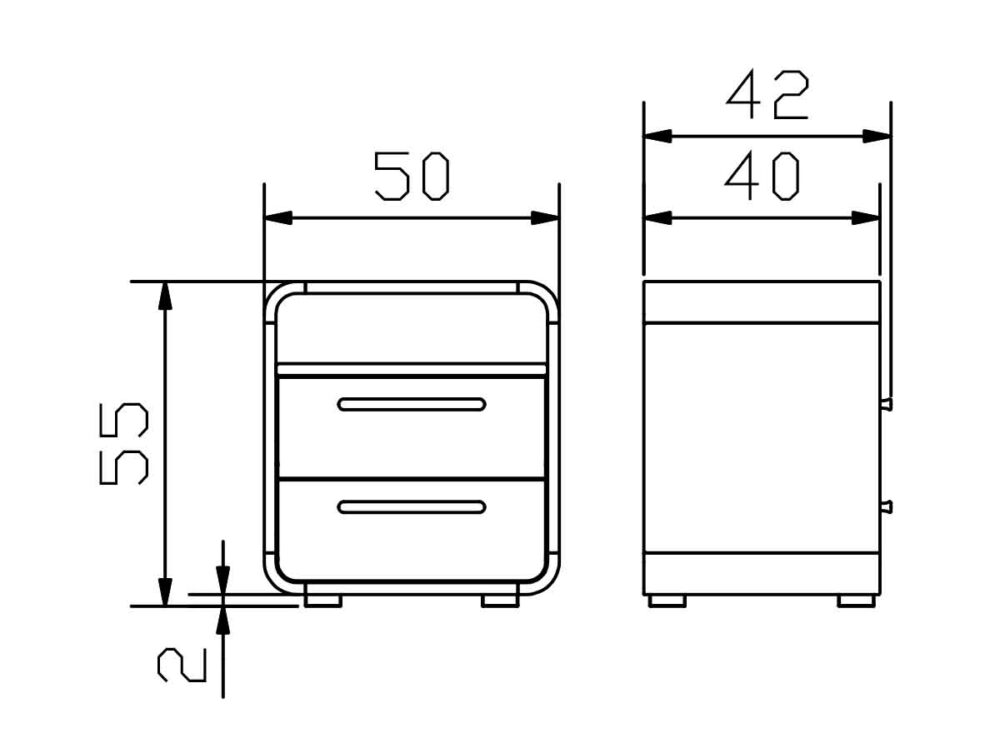 Technische Zeichnung eines Schranks mit zwei Schubladen und abgerundeten Ecken. Dargestellt sind die Abmessungen: 55 cm Höhe, 50 cm Breite, 42 cm Tiefe und 2 cm Freiraum am Boden. Die Griffe der Schubladen sind horizontal zentriert.
