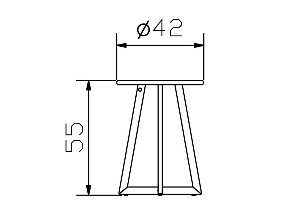 Strichzeichnung eines kleinen runden Tisches mit einem Durchmesser der Platte von 42 cm und einer Höhe von 55 cm. Der Tisch hat konisch zulaufende Beine und eine geometrische, offene Zarge. Die Abmessungen sind mit Pfeilen und Zahlen angegeben.