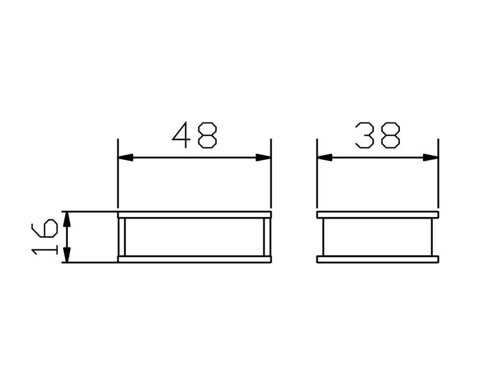 Technische Zeichnung, die zwei nebeneinander liegende zylindrische Objekte mit beschrifteten Abmessungen zeigt: das linke Objekt ist 48 Einheiten lang und 16 Einheiten hoch; das rechte Objekt ist 38 Einheiten lang und 16 Einheiten hoch.