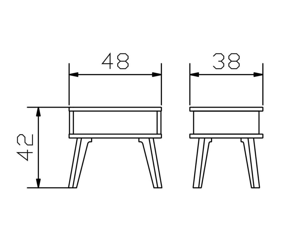 Schwarz-weiße technische Zeichnung eines kleinen Tisches oder Hockers, dargestellt von vorne und von der Seite. Die Maße sind angegeben: 48 cm breit, 38 cm tief und 42 cm hoch. Der Tisch hat vier gespreizte Beine.