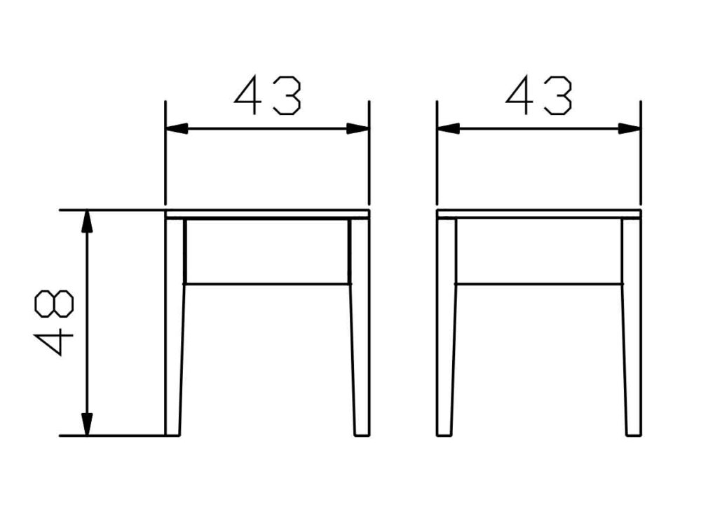 Strichzeichnung eines quadratischen Tisches in Vorder- und Seitenansicht, jeweils mit einer Breite von 43 cm und einer Höhe von 48 cm, angegeben durch Maßlinien und Zahlen.
