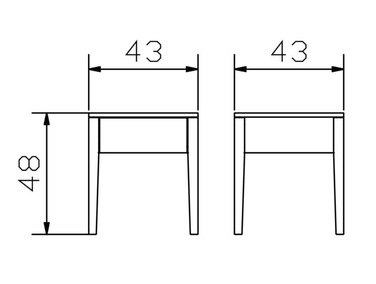 Strichzeichnung eines quadratischen Tisches in Vorder- und Seitenansicht, jeweils mit einer Breite von 43 cm und einer Höhe von 48 cm, angegeben durch Maßlinien und Zahlen.