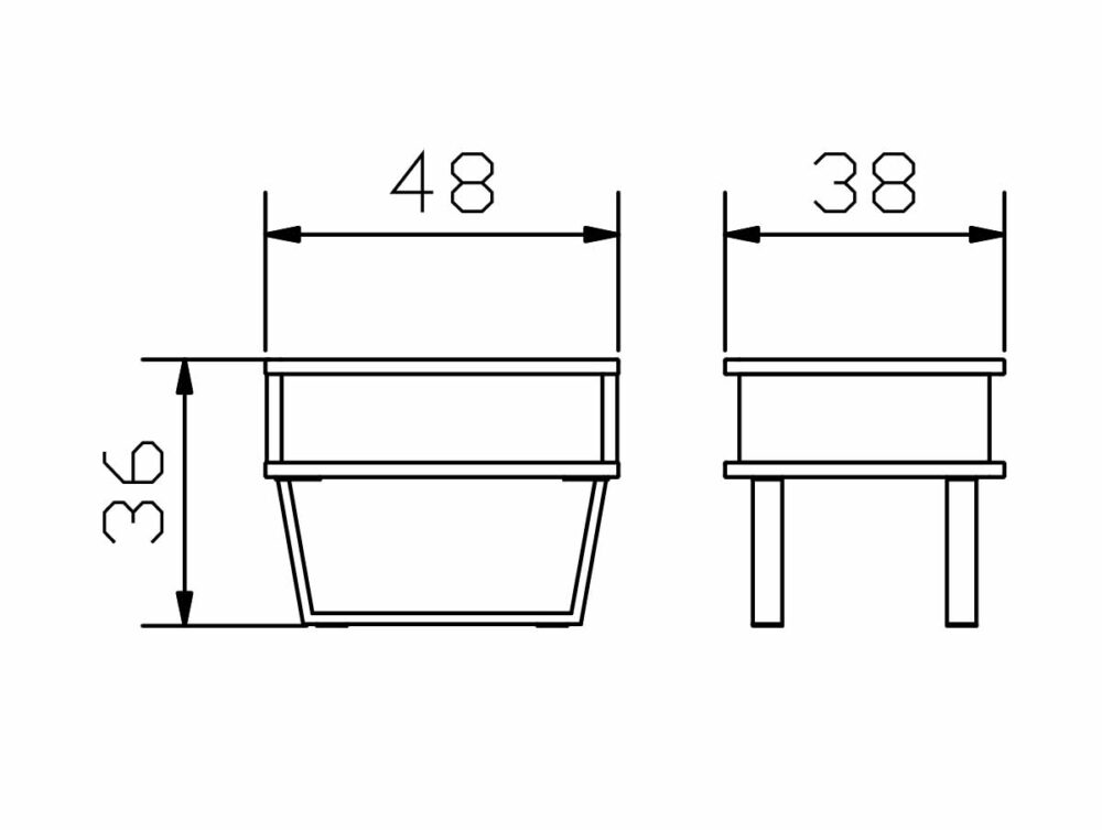 Strichzeichnung eines Tisches in der Vorder- und Seitenansicht mit folgenden Abmessungen: Breite 48, Höhe 36 und Seitentiefe 38. Der Tisch hat vier Beine und eine rechteckige Platte.