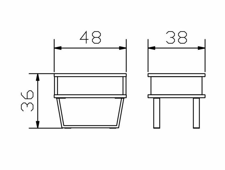 Strichzeichnung eines Tisches in der Vorder- und Seitenansicht mit folgenden Abmessungen: Breite 48, Höhe 36 und Seitentiefe 38. Der Tisch hat vier Beine und eine rechteckige Platte.