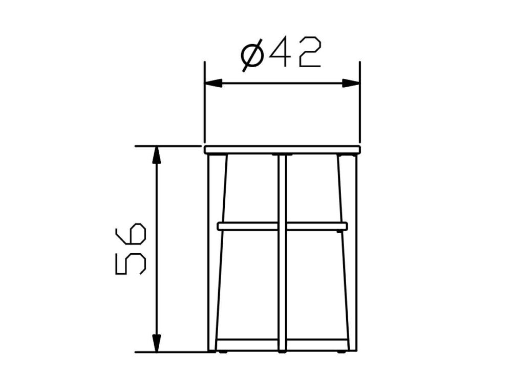 Strichzeichnung eines runden Hockers mit einer Höhe von 56 cm und einem oberen Durchmesser von 42 cm, dargestellt mit Messpfeilen und beschrifteten Abmessungen.