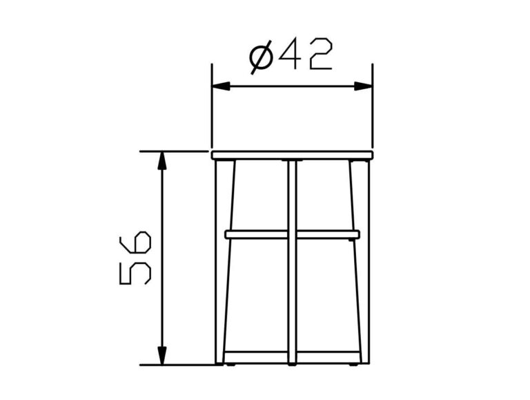 Strichzeichnung eines runden Hockers mit einer Höhe von 56 cm und einem oberen Durchmesser von 42 cm, dargestellt mit Messpfeilen und beschrifteten Abmessungen.