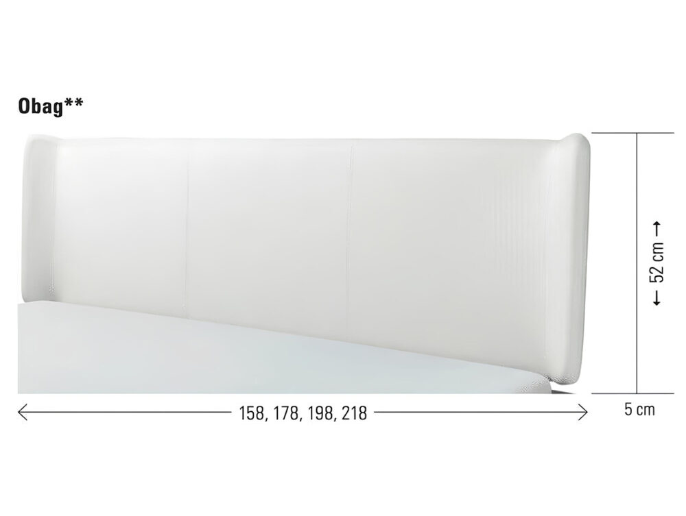 Weißes Polsterkopfteil aus der Hasena Bett Serie "Dream-Line Sole 18 Masi", 52 cm hoch, 5 cm tief, Breiten: 158/178/198/218 cm. Abgerundete Kanten. In der linken oberen Ecke steht "Obag**".