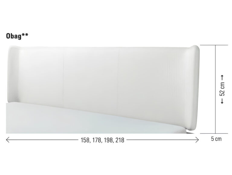 Weißes Polsterkopfteil aus der Hasena Bett Serie "Dream-Line Sole 18 Masi", 52 cm hoch, 5 cm tief, Breiten: 158/178/198/218 cm. Abgerundete Kanten. In der linken oberen Ecke steht "Obag**".