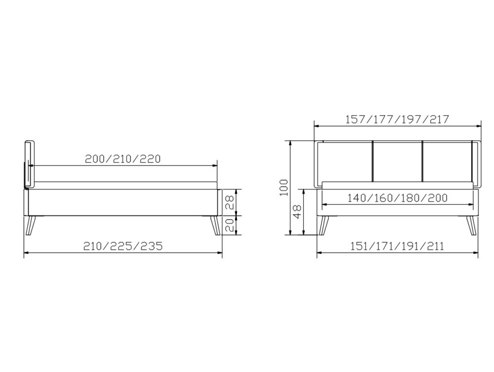 Technische Zeichnung des Hasena Bettes "Dream-Line Ciara 28 Masi 2" mit Vorder- und Seitenansicht, einschließlich genauer Maße in Zentimetern - Breiten von 151-235 cm und Höhen von 48-100 cm.