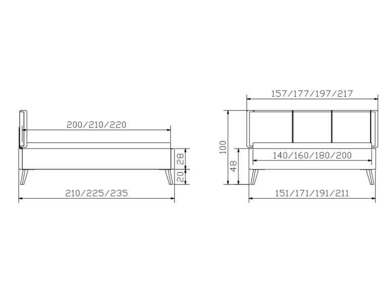 Technische Zeichnung des Hasena Bettes "Dream-Line Ciara 28 Masi 2" mit Vorder- und Seitenansicht, einschließlich genauer Maße in Zentimetern - Breiten von 151-235 cm und Höhen von 48-100 cm.