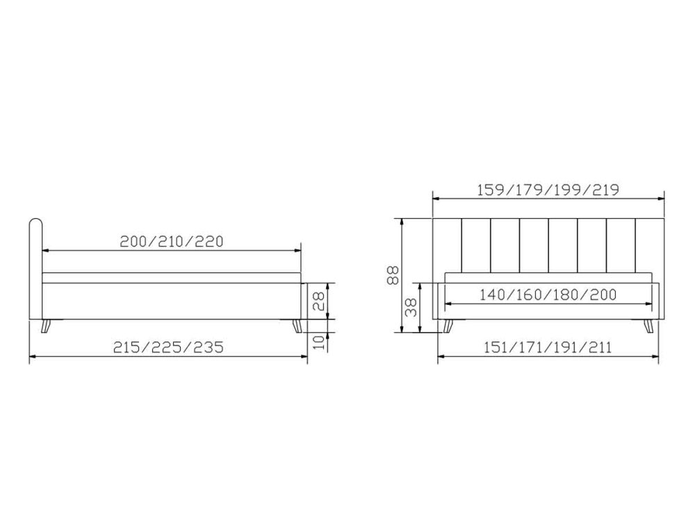 Strichzeichnung eines Bettes mit beschrifteten Abmessungen in Zentimetern, dargestellt in Seiten- und Vorderansicht. Die Maße umfassen die Optionen Breite, Höhe und Länge mit Werten für verschiedene mögliche Bettgrößen.