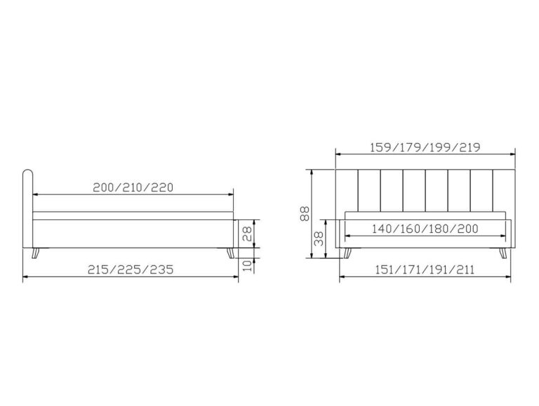 Strichzeichnung eines Bettes mit beschrifteten Abmessungen in Zentimetern, dargestellt in Seiten- und Vorderansicht. Die Maße umfassen die Optionen Breite, Höhe und Länge mit Werten für verschiedene mögliche Bettgrößen.