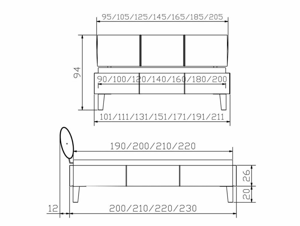 Technische Zeichnung des Hasena Bett "Dream-Line Ciara 28 Juve" Bettrahmens mit beschrifteten Maßen in Zentimetern für Breite, Länge und Höhe; mit Front- und Seitenansicht sowie verschiedenen Größenoptionen.