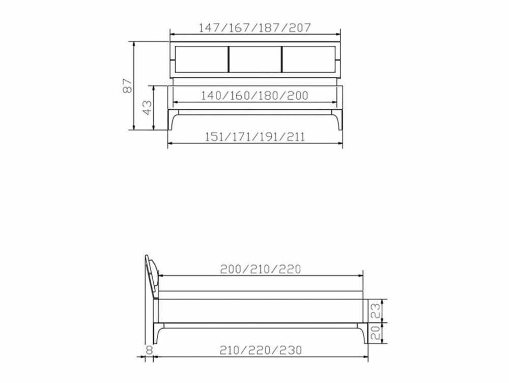 Technische Zeichnung eines Bettes mit Vorder- und Seitenansicht, mit Angaben in Zentimetern für Breite (147-207 cm), Höhe (43 und 87 cm) und Länge (200-230 cm), mit beschrifteten Teilen und Maßen.