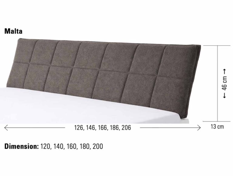 Rechteckiges, dunkelgraues, gepolstertes Kopfteil mit einem Gittermuster aus abgesteppten Quadraten, mit der Bezeichnung Malta. Abmessungen: Höhe 46 cm, Tiefe 13 cm und verfügbare Breiten von 120 bis 200 cm.
