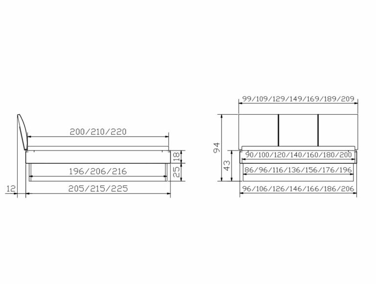 Technische Zeichnung von Hasena Bett "Fine-Line Syma Practico-Ron Box 1" mit Seiten- und Vorderansicht, mit detaillierten Angaben zu Breite, Länge, Höhe und Platzierung der Matratze in cm für mehrere Größenoptionen.