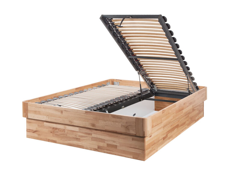 Die Hasena Bett "Fine-Line Syma Practico-Ron Box 1" verfügt über einen hochklappbaren Lattenrost, der ein geräumiges Staufach offenbart. Sie bietet modernen Stil und praktische Funktionalität für Ihr Schlafzimmer.