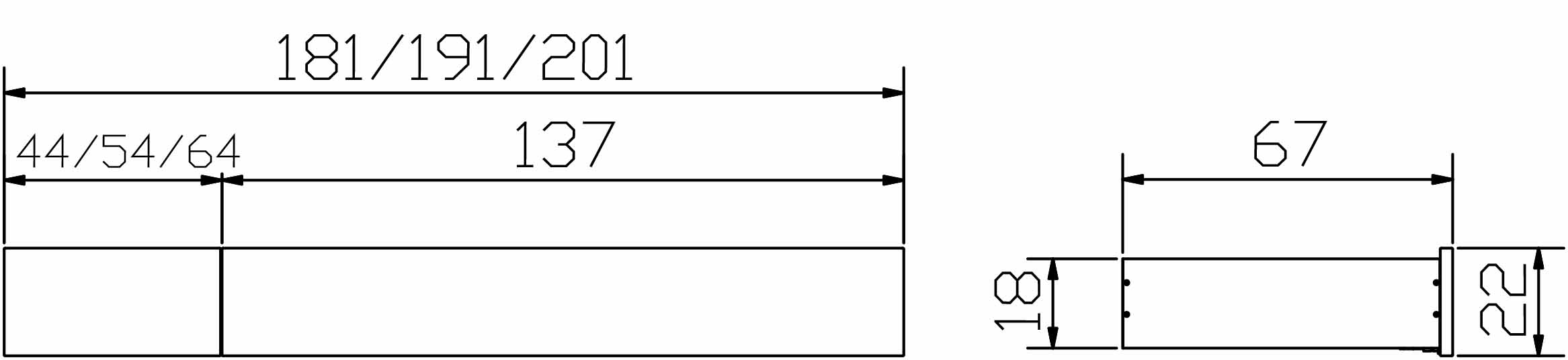 Technische Zeichnung eines rechteckigen Stabes mit folgenden Abmessungen: Gesamtlänge wahlweise 181, 191 oder 201 Einheiten; geteilte Länge 137 Einheiten; geteilte Länge 44, 54 oder 64 Einheiten; Breite 18 Einheiten; Endabschnitt 22 Einheiten mal 67 Einheiten.