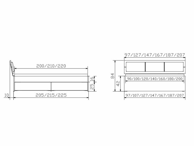Technische Zeichnung eines Hasena Schubladenbetts "Function and Comfort Spazio 2" mit beschrifteten Maßen (Höhe, Breite, Tiefe, Sitzflächen in cm), dargestellt in Seiten- und Vorderansicht.