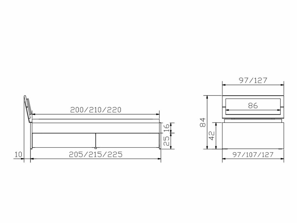 Technische Zeichnung des Hasena Schubladenbettes "Function and Comfort Spazio 2" mit Maßen: Seitenansicht Längen 205/215/225 cm, Höhen 25/16/10 cm; Vorderansicht Breiten 97/107/127 cm, Höhen 84/42 cm, Matratzenbreite 86 cm.
