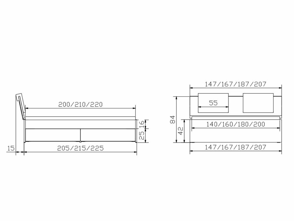 Technische Zeichnung des Hasena Schubladenbettes "Function and Comfort Spazio 1" mit Seiten- und Vorderansicht mit detaillierten Zentimetermaßen für Breite, Länge, Höhe und deutlich beschrifteter Rahmen-, Kopfteil- und Matratzenfläche.