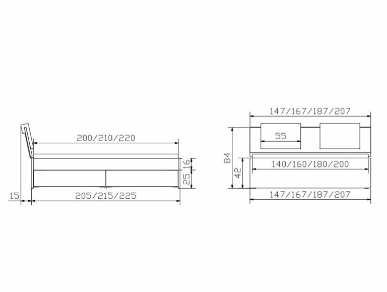 Technische Zeichnung des Hasena Schubladenbettes "Function and Comfort Spazio 1" mit Seiten- und Vorderansicht mit detaillierten Zentimetermaßen für Breite, Länge, Höhe und deutlich beschrifteter Rahmen-, Kopfteil- und Matratzenfläche.
