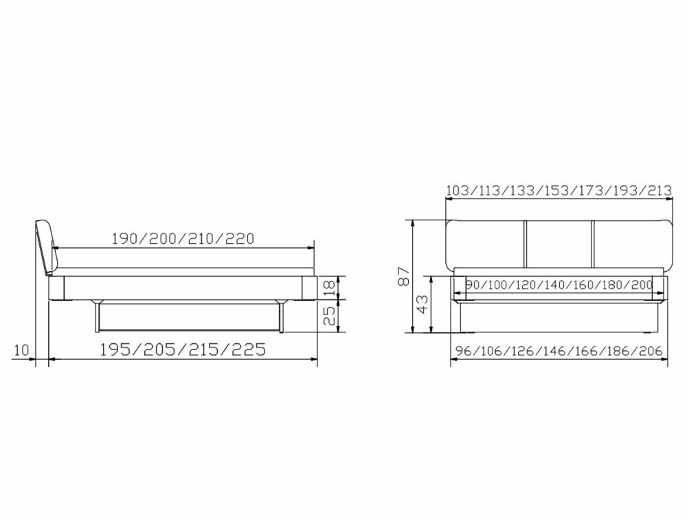 Technische Zeichnung eines Schlafsofas mit Seiten- und Vorderansicht, mit verschiedenen Abmessungen in Zentimetern für Breite, Tiefe, Höhe und Sitzfläche, beschriftet mit mehreren Größenoptionen.