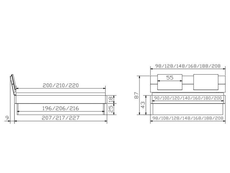 Technische Zeichnung des Hasena Bettes "Eiche-Vintage Cadro 18 Practico-Box" mit Seiten- und Draufsicht, detaillierten Längen-, Breiten- und Höhenmaßen in cm, sowie beschrifteten Größenverstellmöglichkeiten auf dem Diagramm.