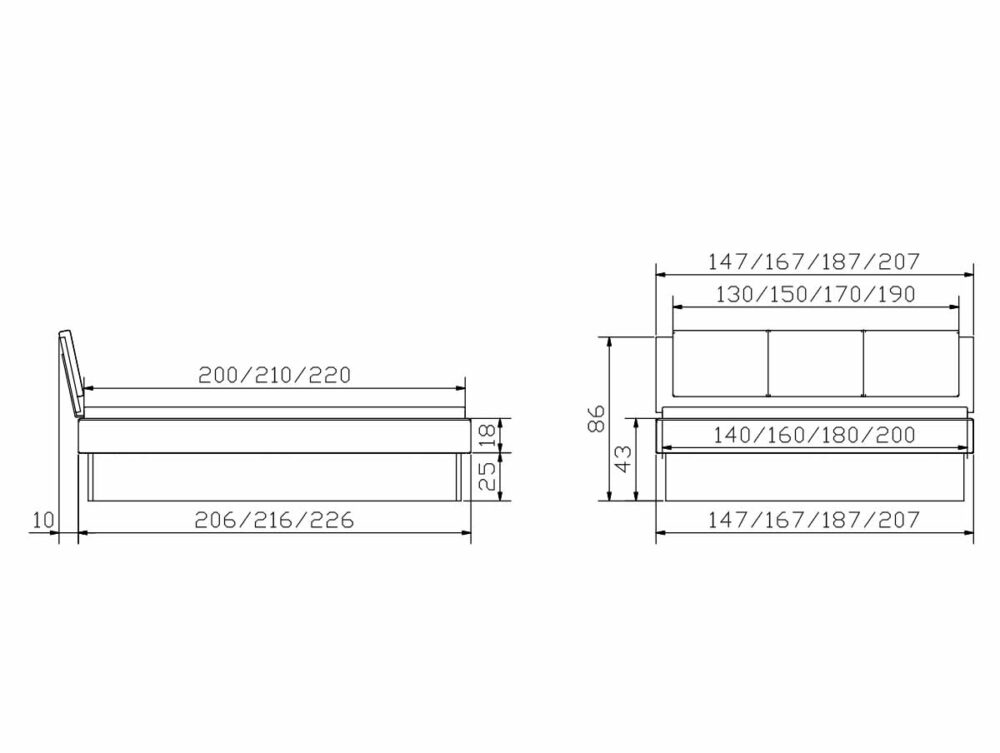 Technische Zeichnung der Hasena Bett "Wood-Line Premium 18 Practico-Box" mit beschrifteten Abmessungen in Zentimetern, mit Seiten- und Vorderansichten, die Breite, Tiefe und Höhe für verschiedene Größenoptionen angeben.