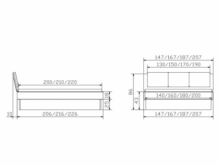 Technische Zeichnung der Hasena Bett "Wood-Line Premium 18 Practico-Box" mit beschrifteten Abmessungen in Zentimetern, mit Seiten- und Vorderansichten, die Breite, Tiefe und Höhe für verschiedene Größenoptionen angeben.