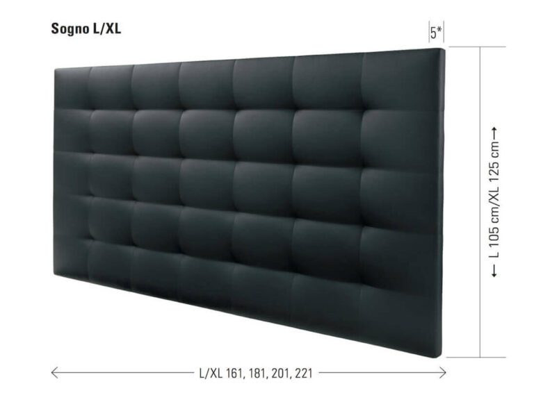 Ein großes schwarzes Hasena Boxspring Bett "Lovitio Sogno XL" Kopfteil, getuftetes Gittermuster, Höhe 125 cm, Tiefe 5 cm, Breiten: 161/181/201/221 cm; bezeichnet mit Sogno L/XL. Produkt nicht mehr im Sortiment.