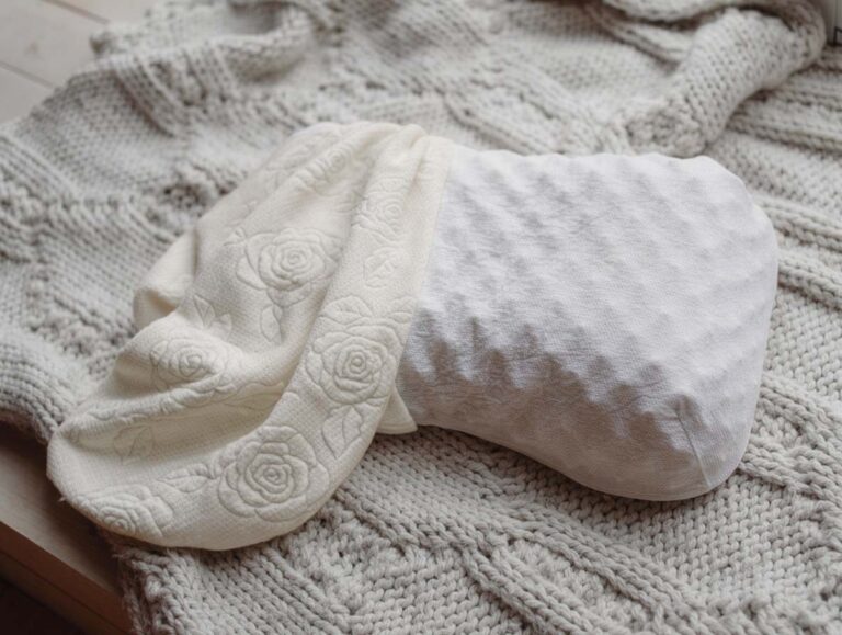 Ein Naturlatexkissen "Contura" mit weißem Strukturbezug liegt teilweise unter einer cremefarbenen Decke mit Rosenmuster, die auf einer hellgrauen Grobstrickdecke liegt.