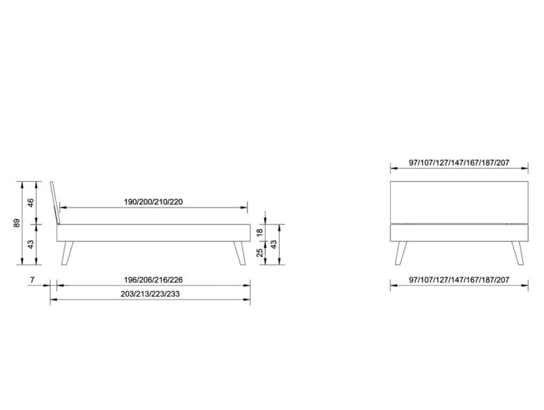 Technische Zeichnung eines Bettes mit Seiten- und Vorderansicht, die die Abmessungen in Millimetern für Höhe, Breite, Länge und Komponentenabstände sowie beschriftete Maße für verschiedene Bettgrößenoptionen enthält.