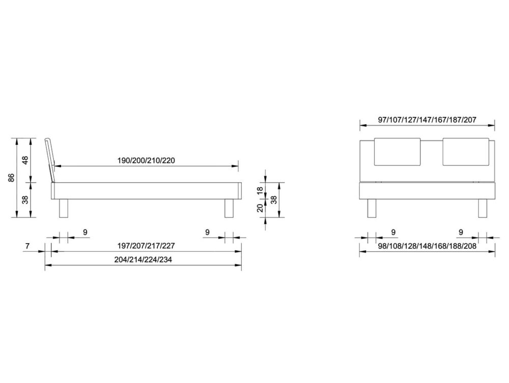 Technische Zeichnung eines Bettes mit Kopfteil, dargestellt in der Seiten- und Vorderansicht, einschließlich detaillierter Maße in Zentimetern für Breite, Höhe, Tiefe und Beinabstände.