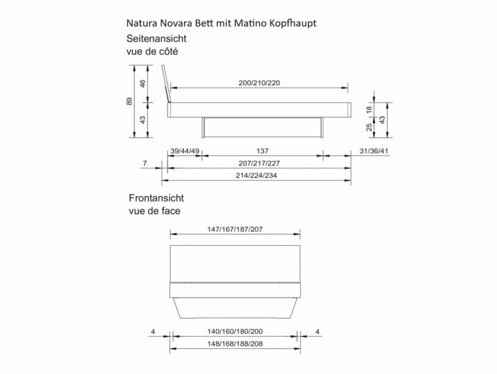 Technische Zeichnung eines Bettes, beschriftet mit "Natura Novara Bett mit Matino Kopfhaut", mit Seiten- und Vorderansicht mit detaillierten Maßen in Zentimetern und Beschreibungen in Deutsch und Französisch.