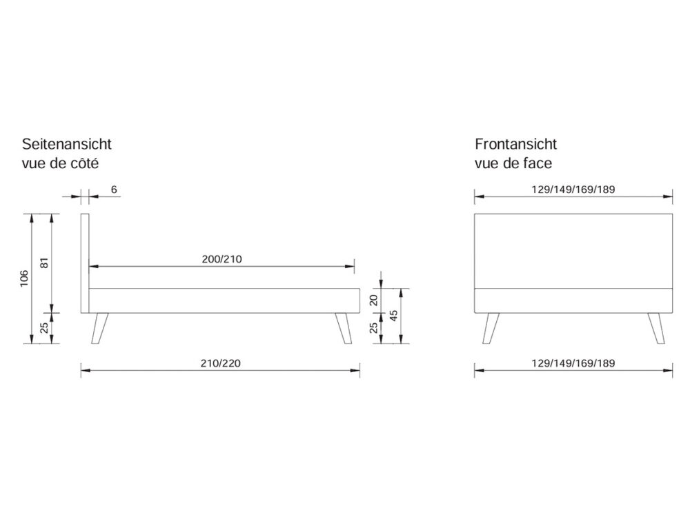 Strichzeichnung eines Bettes mit Seiten- und Vorderansicht, Angabe der Maße in Zentimetern. Seitenansicht: 210/220 cm lang, 105 cm hohes Kopfteil. Vorderansicht: Breitenoptionen 129/149/169/189 cm. Text in Deutsch und Französisch.