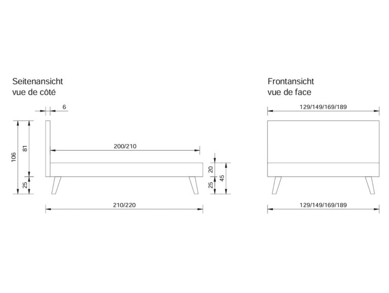 Strichzeichnung eines Bettes mit Seiten- und Vorderansicht, Angabe der Maße in Zentimetern. Seitenansicht: 210/220 cm lang, 105 cm hohes Kopfteil. Vorderansicht: Breitenoptionen 129/149/169/189 cm. Text in Deutsch und Französisch.