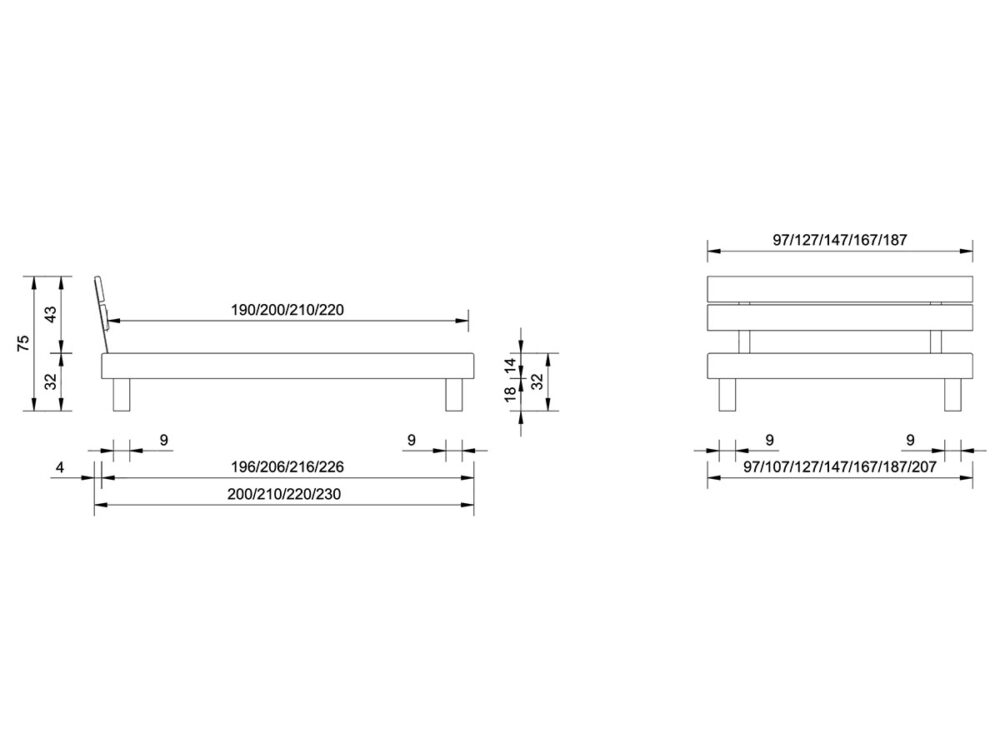 Technische Zeichnung eines Bettes mit Maßangaben in Zentimetern. Die Seiten- und Vorderansichten zeigen die Längen, Höhen und Beinabstände. Das Bett hat eine verstellbare Rückenlehne und einfache rechteckige Beine.