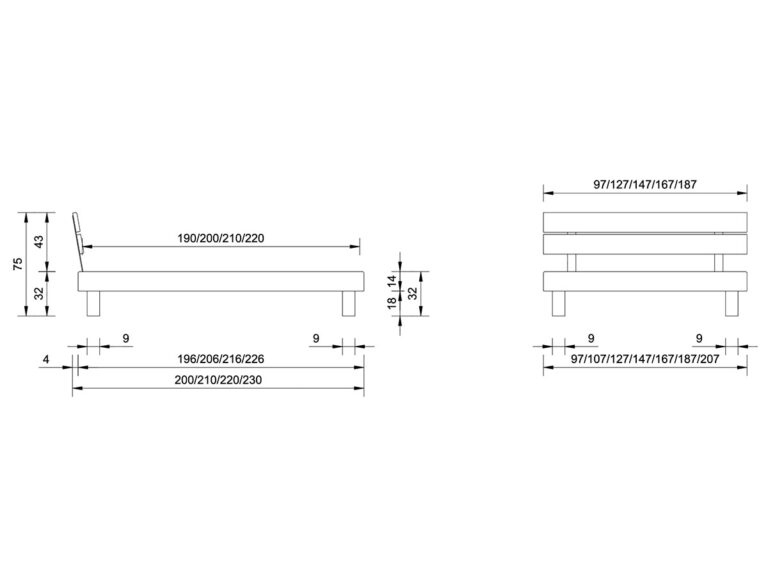 Technische Zeichnung eines Bettes mit Maßangaben in Zentimetern. Die Seiten- und Vorderansichten zeigen die Längen, Höhen und Beinabstände. Das Bett hat eine verstellbare Rückenlehne und einfache rechteckige Beine.