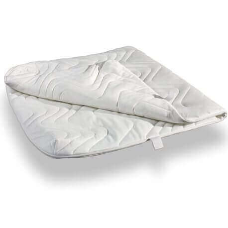 Eine gefaltete, weiße, gesteppte Matratzenauflage oder Decke mit einem dezenten Wellenmuster, die sich leicht reinigen lässt und auf einer einfarbig weißen Oberfläche liegt.