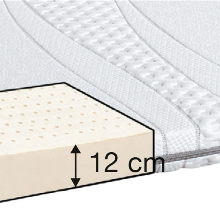 Nahaufnahme des Querschnitts des Robusta Naturlatex-Toppers "Paradiso" mit der 12 cm dicken Latexschaumschicht, die mit einem Pfeil hervorgehoben und mit "12 cm" beschriftet ist; der Matratzenbezug ist teilweise geöffnet, um den inneren Schaum zu zeigen.