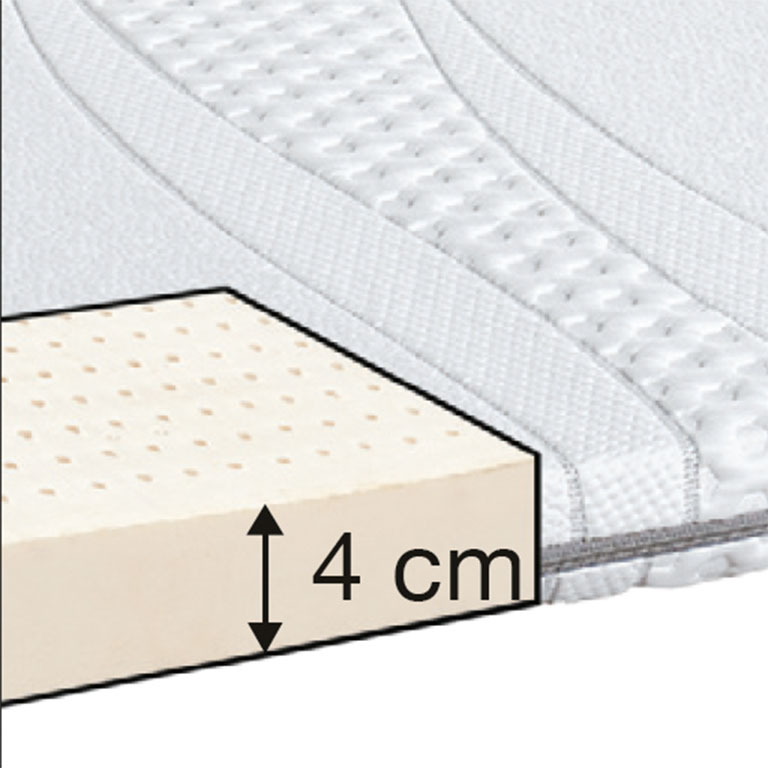 Nahaufnahme des Querschnitts des Robusta Naturlatex-Toppers "Paradiso", der eine 4 cm dicke Schaumstoffschicht mit kleinen Löchern unter einem weißen Steppstoff zeigt. Ein Pfeil verdeutlicht die Dicke der Schaumstoffschicht.