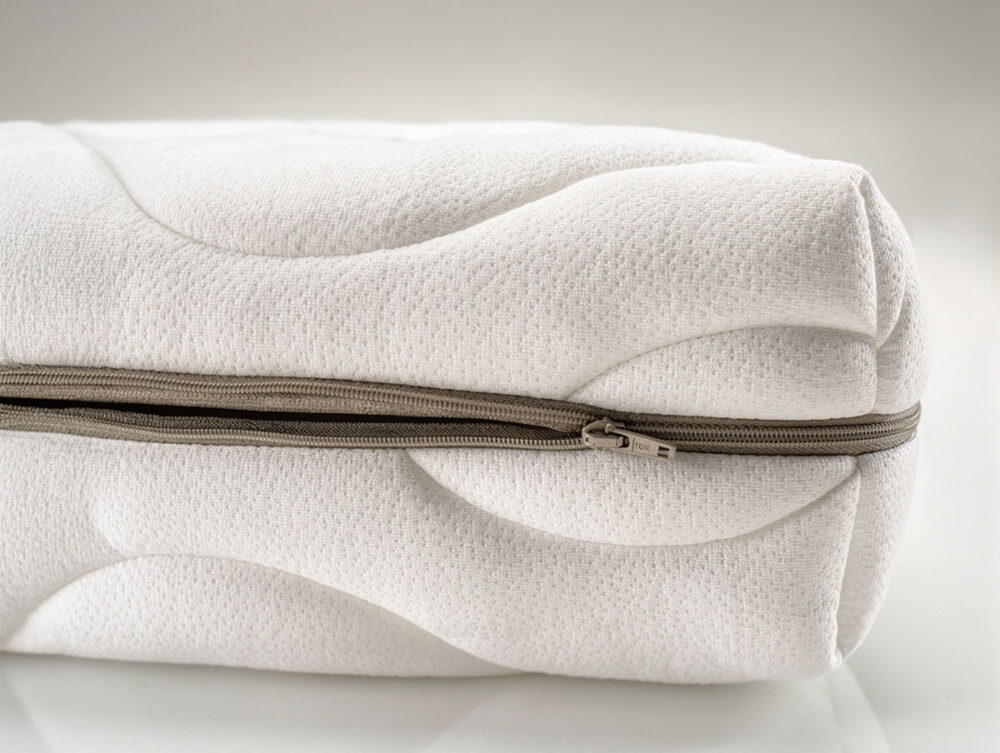 Eine Nahaufnahme des Matratzenbezugs "Natura" zeigt die weiße, wellenförmige Oberfläche und den grauen Seitenreißverschluss vor einem schlichten, hellen Hintergrund.