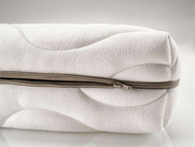 Eine Nahaufnahme des Matratzenbezugs "Natura" zeigt die weiße, wellenförmige Oberfläche und den grauen Seitenreißverschluss vor einem schlichten, hellen Hintergrund.