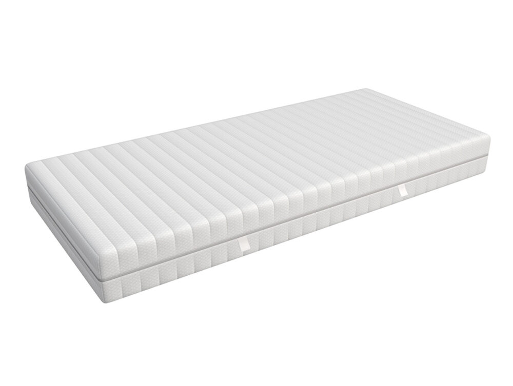 Eine einzelne, rechteckige, weiße Matratze mit horizontalen Nähten und Stoffgriffen an den Seiten, dargestellt vor einem schlichten weißen Hintergrund.